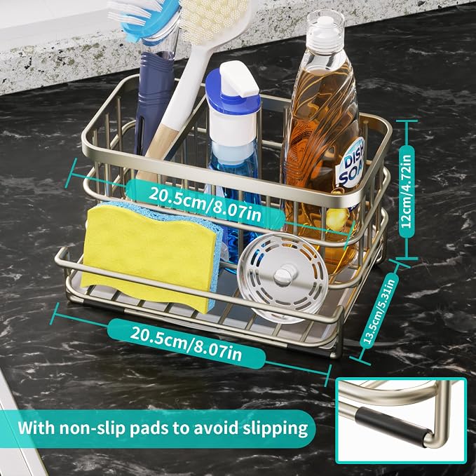 HapiRm Kitchen Sink Caddy Organizer - Versatile Sponge Holder with Drain Tray, SUS304 Stainless Steel Rustproof Kitchen Sink Organizer Storage for Countertop- Brushed Nickel - Image 4