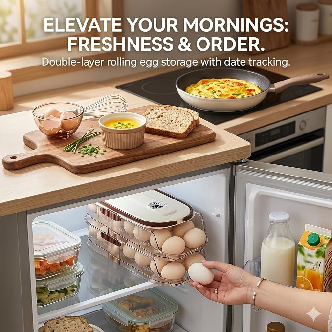 Egg Holder for Fridge,28 Auto Rolling Egg Container Clear& Lid | Stackable Eggs Organizer and Storage, 7-Degree Slope , Timed Freshness, Sturdy Dispenser & Tray for Refrigerator with Handle - Image 7
