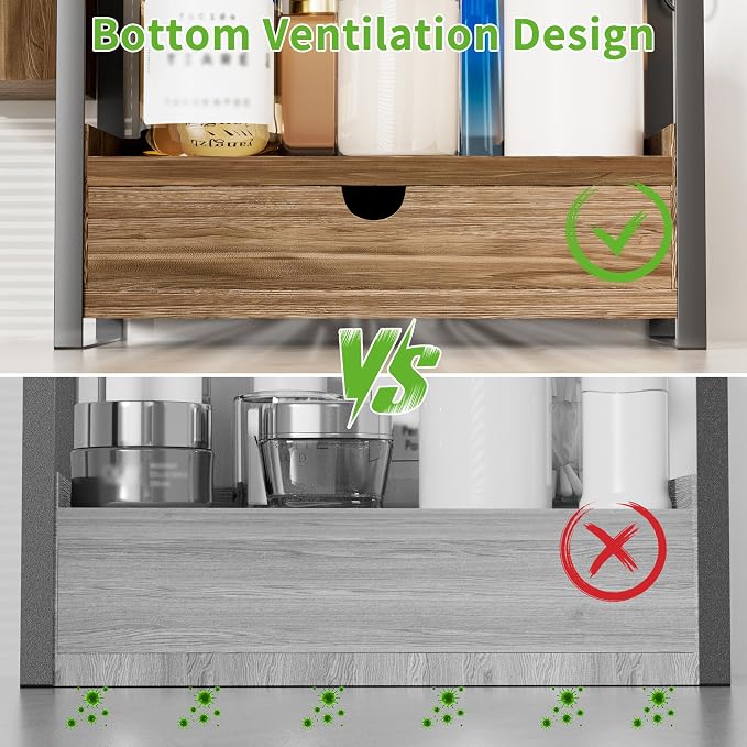 2-Tier Bathroom Counter Organizer, Wooden Vanity Shelf with Drawer & Basket | Pre-Drilled Holes, Skincare & Makeup Countertop Organizer and storage, Dark Brown - Image 7