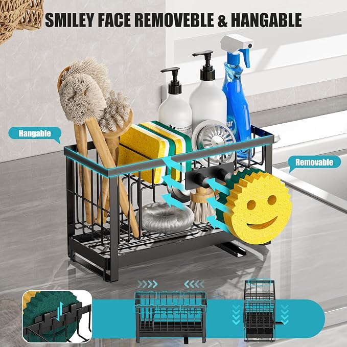 Sponge Holder for Kitchen Sink with Flexible Smiley Face, 2 Tier Kitchen Sink Organizer, Countertop and Storage Essentials, Soap Dispenser Organizer, Home Decor Accessories - Black - Image 3