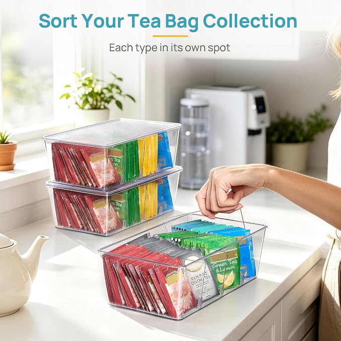 Vtopmart 4 Pack Pantry Organizer Bins with Lids, Removable Dividers | Clear Bins with Removable Dividers,Stackable Design for Pantry and Cabinet Organization of Tea Bags,Snacks & Spice Packets - Image 7