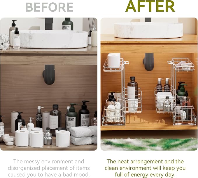 2 Tier Under Sink Organizer 11" W X18 D, Pull Out Cabinet Organizer One Removable Basket, Under Sink Slide Out Chrome Plated, Under Kitchen Bathroom Sink Organizer, 2 Pack - Image 6