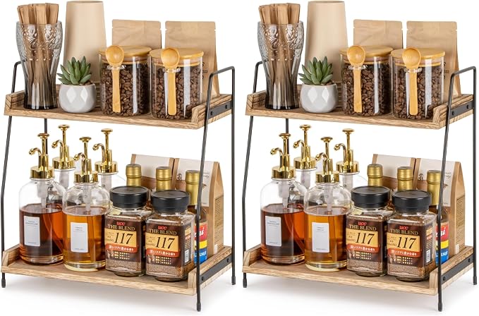 ANBOXIT Countertop Coffee Station Organizer, 2 Tier Wooden Shelf for Coffee Bar Accessories, Condiment Storage Caddy for Kitchen, Home, Office - Brown (Pack of 2) by ANBOXIT