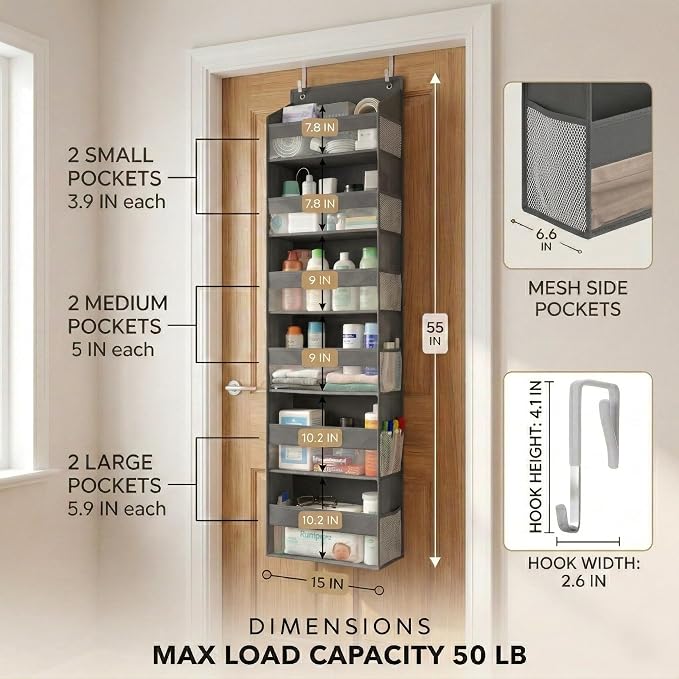 Over the Door Organizer, 6-Tier, 100D Fabric, Dark Gray 2pc | Over the door shoe organizer, 50 lbs capacity, 12 side mesh pockets, 100D extra thick fabric, Closet & entryway storage - Image 2