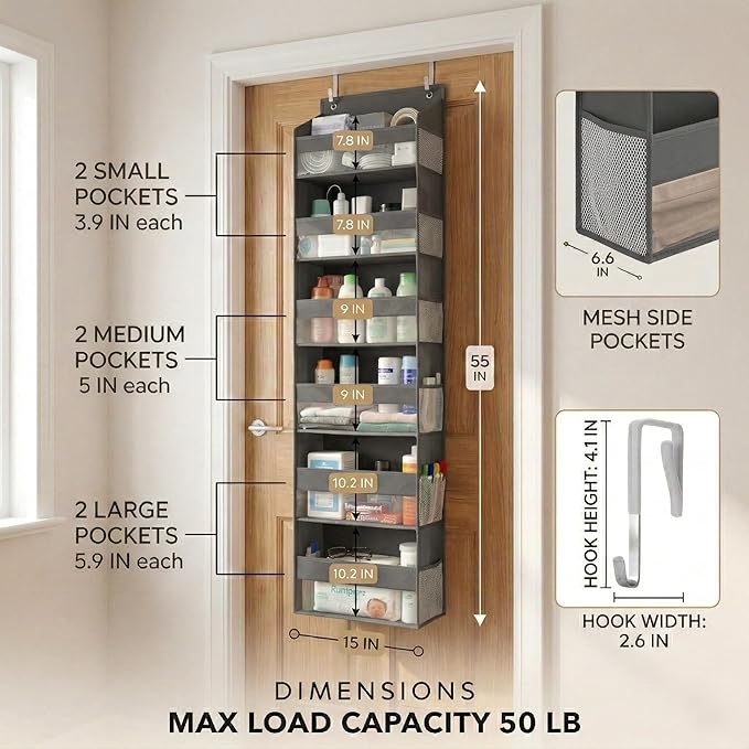 Over the Door Organizer, 6-Tier, 100D Fabric, Dark Gray 1pc | Over the door shoe organizer, 50 lbs capacity, 12 side mesh pockets, 100D extra thick fabric, Closet & entryway storage - Image 2