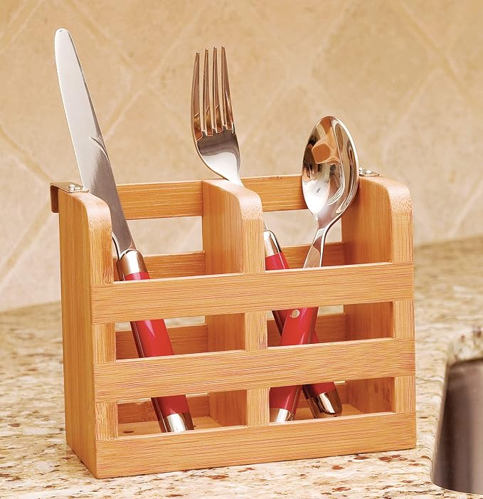 Lipper International 8823 Bamboo Wood 2-Compartment Flatware Holder with Metal Clips, 6-1/4" x 3-1/4" x 5" - Image 2