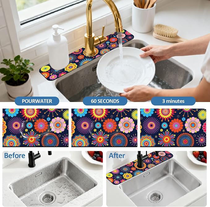 2 Pcs Kitchen Sink Splash Guard Faucet Mat Brilliant Floral Textures Faucet Mat for Sinks Flowers Pattern Absorbing Drying Mats for Kitchen Bathroom, 23.6x5.5inch - Image 5