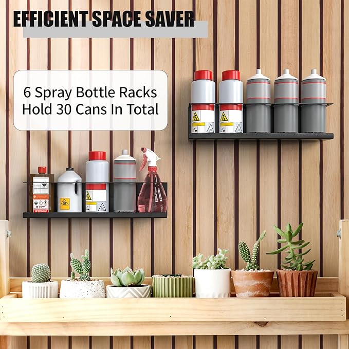 Riciakik 6 Pack Spray Bottle Holder Wall-Mounted, Aerosol Spray Can Holder Storage Rack, Heavy-Duty Paint Bottle Organizer with 30 Holes, Steel Black Spray Rack for Garage, Shop, Home or Tool Trailer - Image 7