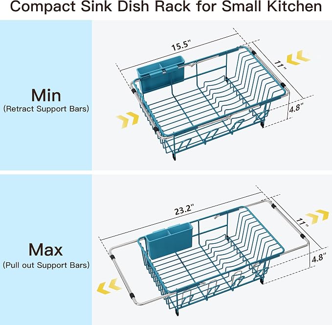 JASIWAY Blue Dish Drying Rack in Sink, Dish Drainer with Utensil Holder | Over The Sink Expandable Stainless Steel Strainer Dryer Rack for Small Kitchen, Counter Space Saving, Fast Drain, Rustproof - Image 4