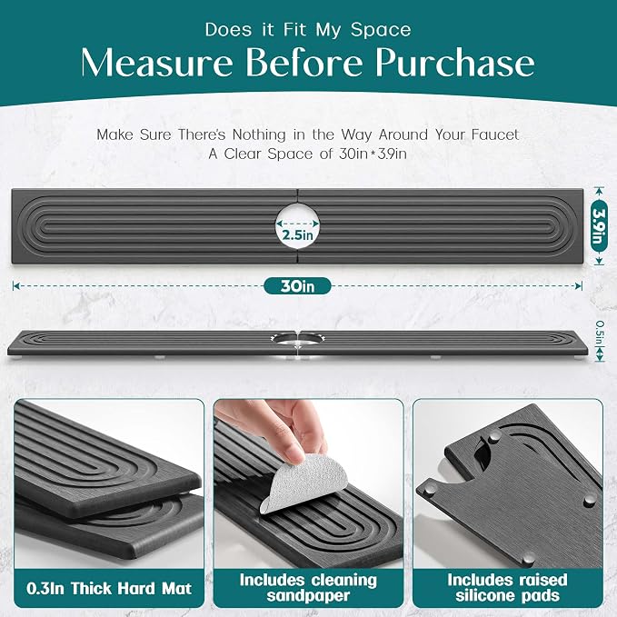 30 inch Kitchen Faucet Absorbent Mat - Diatomaceous Earth Splash Guard for Sink Faucet, Aesthetic Water Absorbing Stone Tray in The Modern Home (30" x 3.9", Dark grey) - Image 2