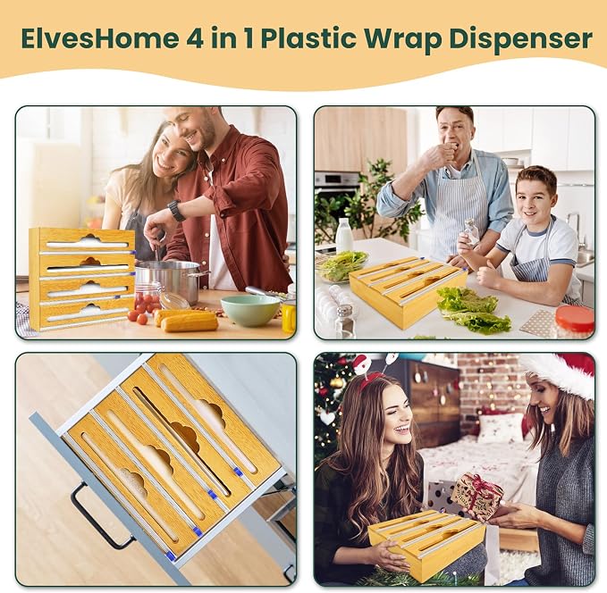 Bamboo 4 in 1 Saran Wrap Dispenser with Cutter & Labels - Foil & Plastic Wrap Organizer - Aluminum Foil Wax & Parchment Wrapping Paper Storage for Kitchen Drawer - 12" Roll - Image 6