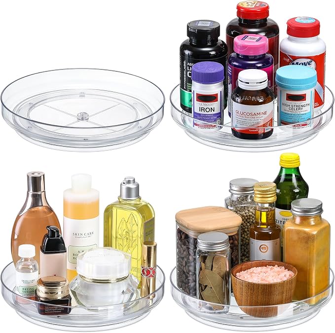 4 Pack 9 Inch Elegant Clear Turntable Acrylic Lazy Susan, Non-Skid Rotating | Smoothly Kitchen Spice Rack, Cabinet Pantry Organization Storage, Refrigerator, Vanity Makeup, Bathroom Countertop Organizer - Image 9