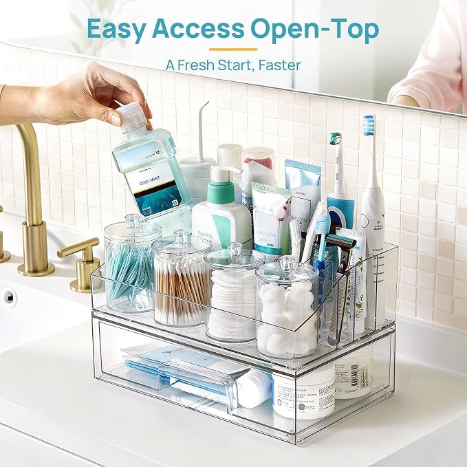 Vtopmart 6 PCS Bathroom Countertop Organizer Sets | 1 Divided Tray, 4 Qtip Holder Jars, 1 Drawers, Clear Organizers, For Toothbrush, Cotton Pads, Vanity Accessories - Image 4