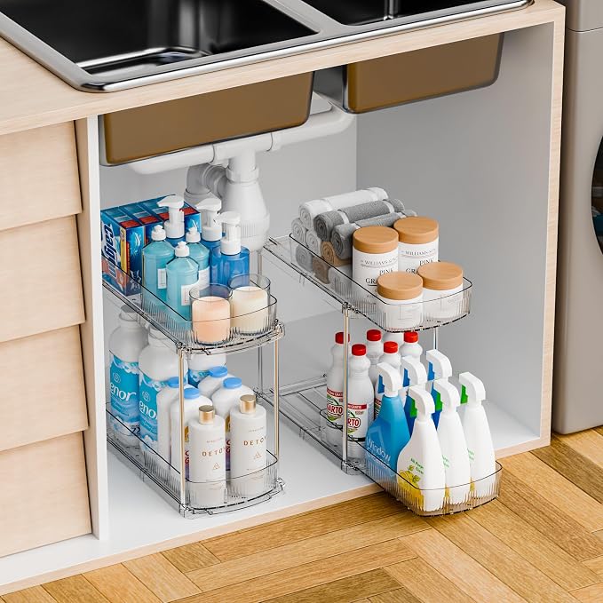 2 Pack 13.8″ Deep 2 Tier Under Sink Storage Organizer,Large Pull Out Bathroom Organizers and Storage,Slide Out Acrylic Undersink Storage Shelf,Kitchen Under Sink Organizer for Cleaning Products - Image 8