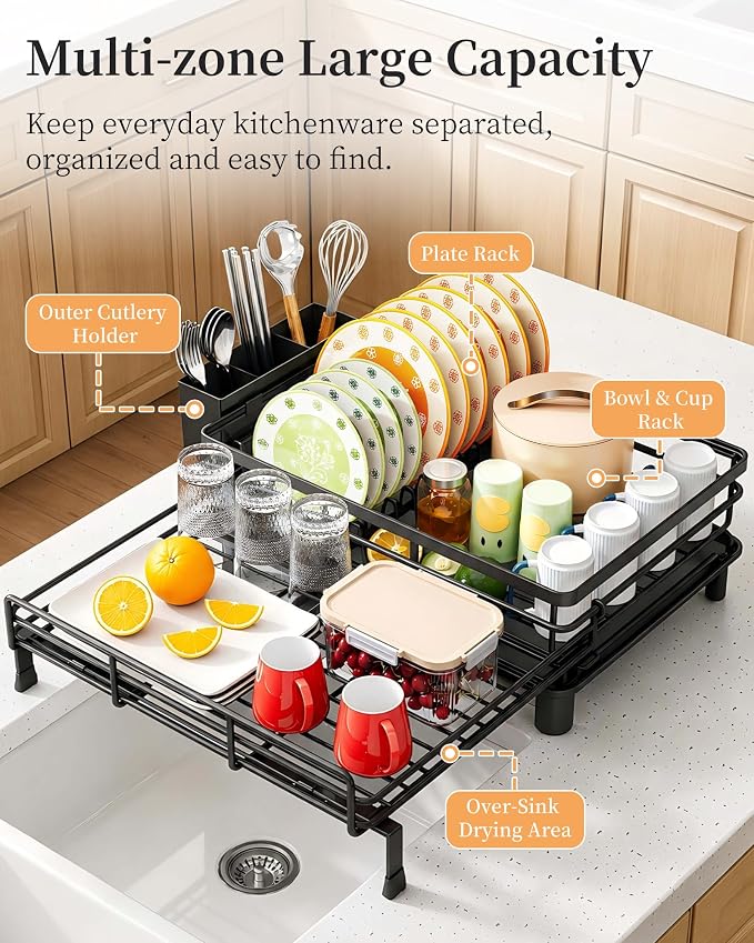 SAYZH Expandable Dish Drying Rack for Kitchen Counter, Metal, Black | Foldable Over Sink, Large Capacity, Rust-Resistant, Adjustable for Most Sinks, Automatic Drainage, Removable Utensil Holder - Image 4