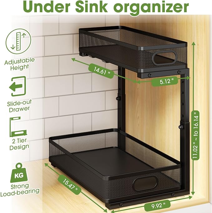 Under Sink Organizer 2-Pack, Metal 2-Tier Pull-Out Cabinet Shelf with Slide-Out Mesh Drawers, Height Adjustable, Space-Saving Under Sink Storage Racks for Kitchen, Bathroom, Laundry Room - Image 2