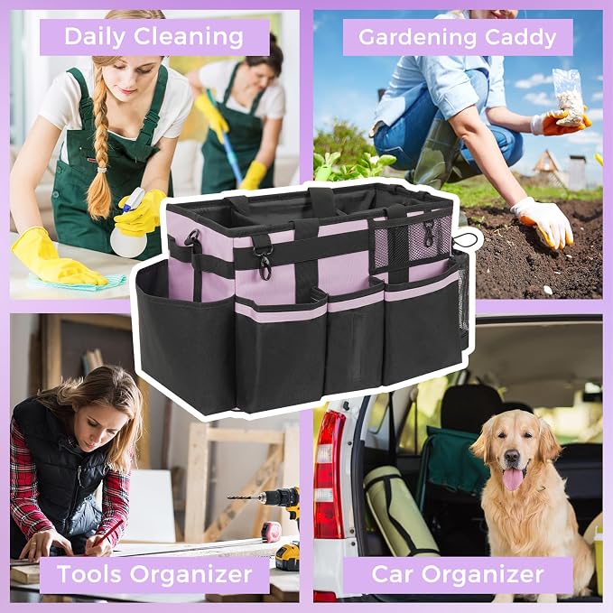 SCAVATA Wearable Cleaning Caddy, Cleaning Caddy Supplies Organizer with Handle & Shoulder Straps for Housekeepers, Under Sink & Car Cleaning Tool Organizers Bag with 4 Foldable Divider (Lilac) - Image 7