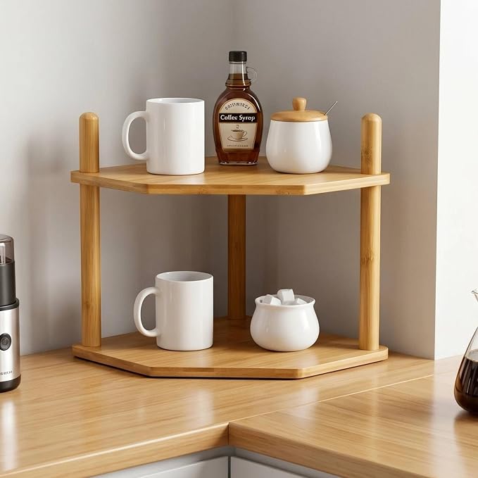 2-Tier Bamboo Corner Shelf,Kitchen Countertop Organizer,Corner Countertop Organizer Shelf, Coffee Bar Organizer,Coffee Bar Accessories,for Kitchen, Pantry, Organizers and Storage by WooFawn