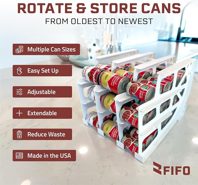 FIFO Can Tracker 2-Pack - 3-Tier Rotating Food Can Organizer for Pantry, Expandable Soda Can Storage for Kitchen, Holds 54 Cans of Food or Soda - Image 2