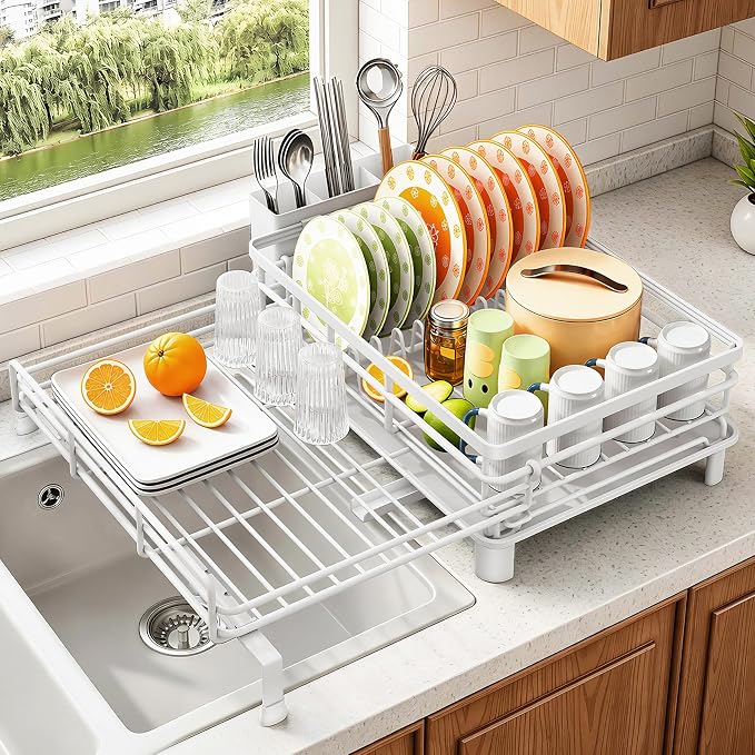 SAYZH Expandable Dish Drying Rack for Kitchen Counter, Metal, White | Foldable Over Sink, Large Capacity, Rust-Resistant, Adjustable for Most Sinks, Automatic Drainage, Removable Utensil Holder - Image 8