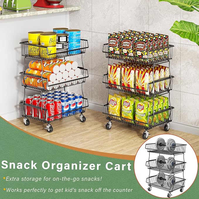 OKZEST Pantry Organizers and Storage Cart with Upgraded Metal Hub Casters | Fits under pantry shelf, Stackable fine-mesh wire baskets, 3-Tier rolling cart holds drink, snack, can, potato, onion, fruit - Image 8