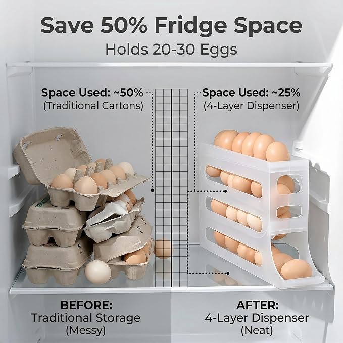 28 Egg Holder for Fridge, 4-Tier Auto Rolling Egg Organizer for Refrigerator, Gravity Slide Dispenser Rack, Space-Saving Storage (Tran) - Image 4