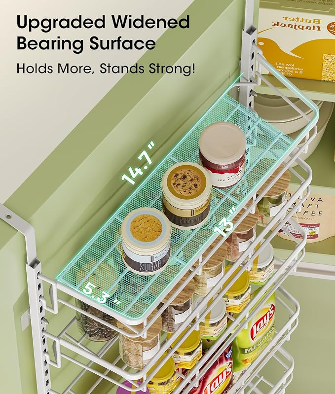 Over the Door Pantry Organizer, Adjustable 6 Tier Wide Storage Shelves with Hooks Fit Thin Doors Hold Spices Rack for Pantry Kitchen RV, White - Image 5