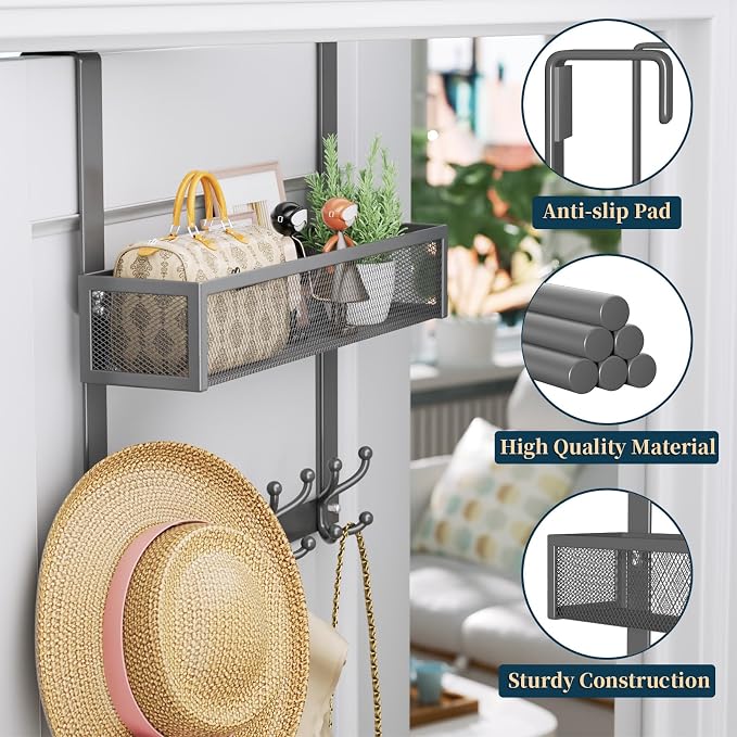 Consumest Over The Door Hooks Organizer - 2 Tier Over Door Hanger with 16 Hooks & 2 Baskets for Hanging Coat, Clothing, Towel, Back Storage for Bathroom, Closet, College Dorm, Grey - Image 3