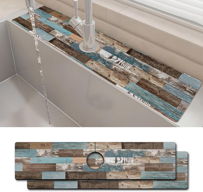 2PCS 24" X 5.5" Kitchen Sink Splash Guard Faucet Mat Wood Grain Super Absorbent Fast Drying Faucet Guard & Draining Mat Sink Splash Guard Behind Faucet for Kitchen, Bathroom by Unknown