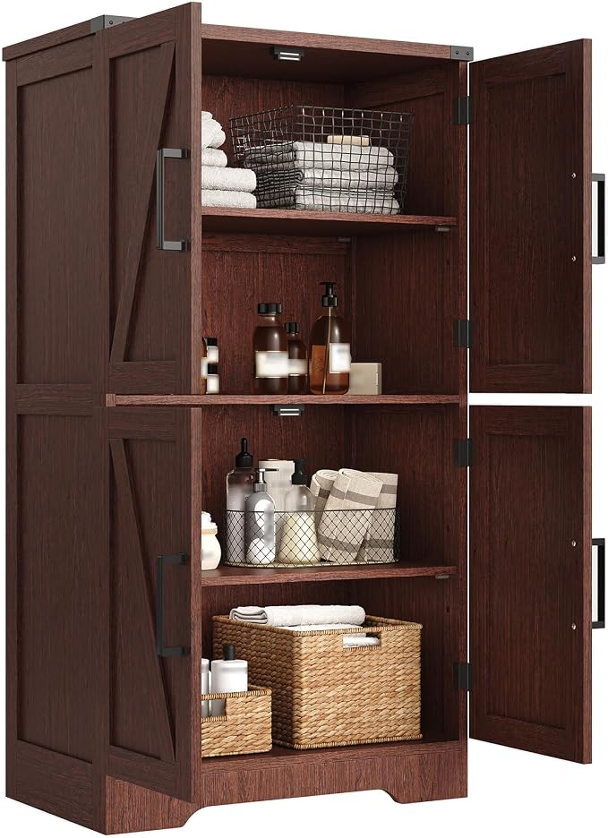 Treocho Farmhouse Bathroom Floor Cabinet with Adjustable Shelves | 13.78"D x 23.62"W x 43.46"H, Freestanding Kitchen Pantry Cabinet, Cupboard for Living Room, Dining Room, Walnut - Image 9