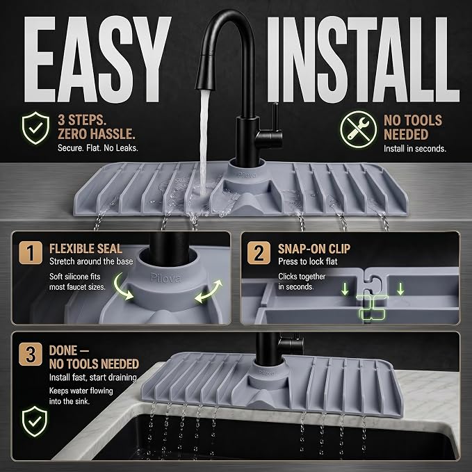 Premium Kitchen Sink Splash Guard – 16" x 5.7" Silicone Faucet Mat with Secure Pressure Clip, True 10° 3D Drainage(No Pooling), Anti-Lift Design, Flexible Leak-Sealing Ring, Non-Slip Fit Behind Faucet - Image 2