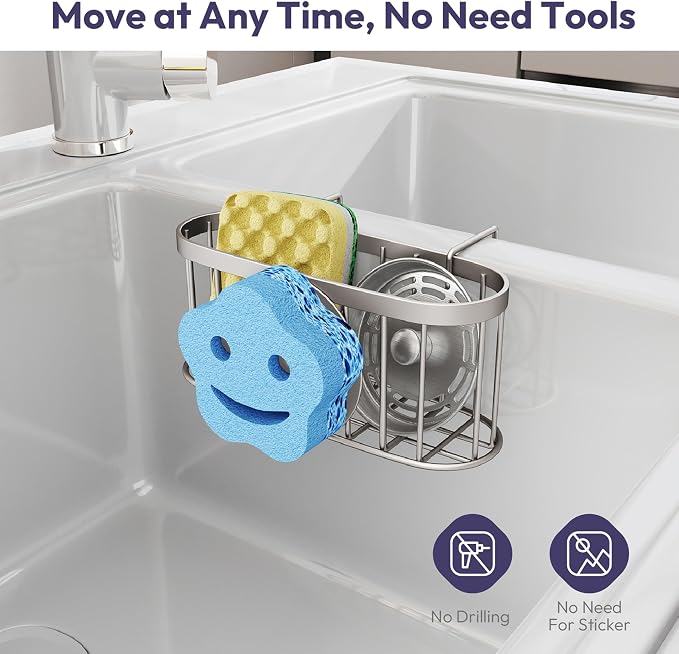 SWTYMIKI Sponge Holder for Kitchen Sink - Movable Sink Caddy with Smiley Face Sponge Holder, Rustproof Hanging Sponge Organizer in Double Bowl Sinks Depth>3.15in, Middle Divider<1.5in, Sand Nickel - Image 6