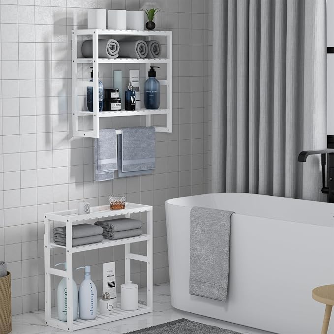 Towel Rack Bathroom Storage Shelves Over The Toilet with Towel Bar 100% Bamboo Adjustable Height Floating Shelf Wall Shower Shelf for Small Space Updated Painting - Image 3