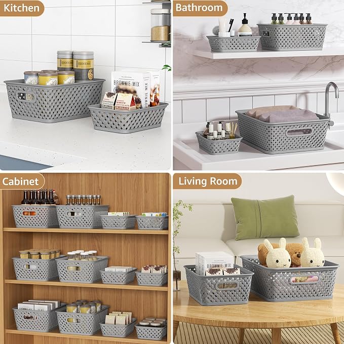 MaxGear 3 Pack Plastic Storage Baskets, Large, Grey | Durable Woven Plastic with Built-In Handles, Suitable for Shelves, Closets, Cabinets, Bathrooms and Offices - Image 5