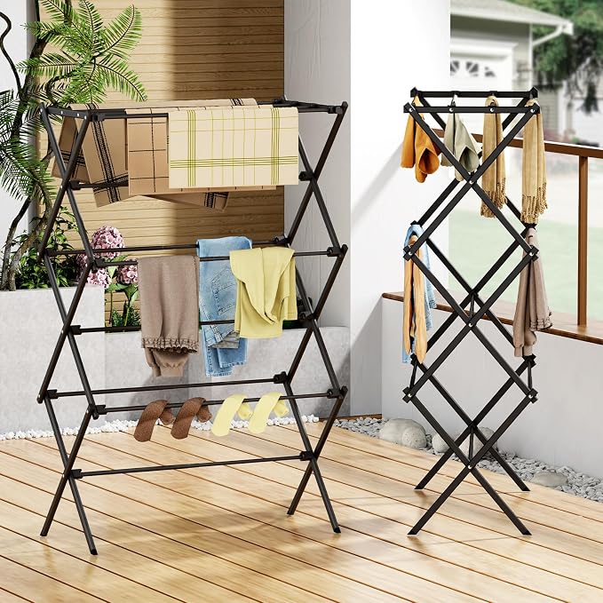 Drying Rack Clothing, 3-Tier Clothes Drying Rack Foldable, Antirust Laundry Drying Rack Collapsible Use for Indoor & Outdoor, 11.8" D x 34.6" W x 35.4" H, Black - Image 4