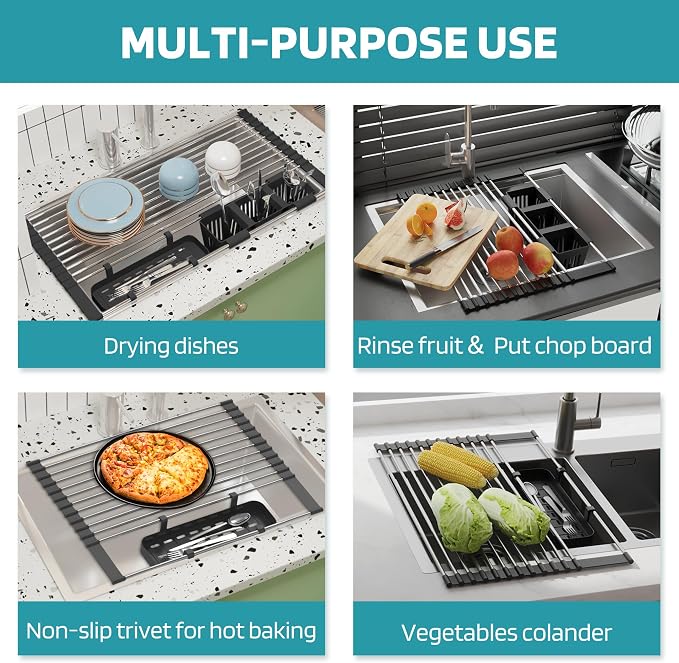 Black Expandable Roll Up Dish Drying Rack Up to 22.8''with 2 Storage Baskets,Over The Sink Kitchen Rolling up Dish Drainer Drying Rack , Foldable,Rollable,for Kitchen Dishes(Expandable Width Size) - Image 5