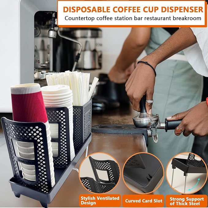 Coffee Cup Holder, Paper Cup and Lid Holder Dispenser with Straw Organizer,3-Slot Upright Disposable Plastic Coffee Cup Dispenser for Stations, Kitchens, Bars, Restaurants, Lounges (Black) - Image 6