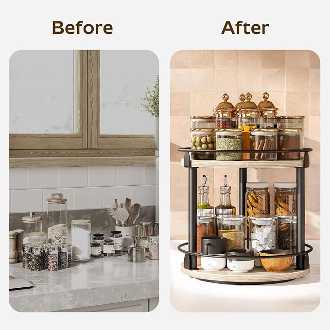 Lazy Susan Organizer, Rotating Spice Rack, 2 Tier Spice Turntable Organizer, Industrial Turntable Spice Holder, for Kitchen Countertop and Cabinet, Compact and Versatile, Greige SR22BG - Image 6