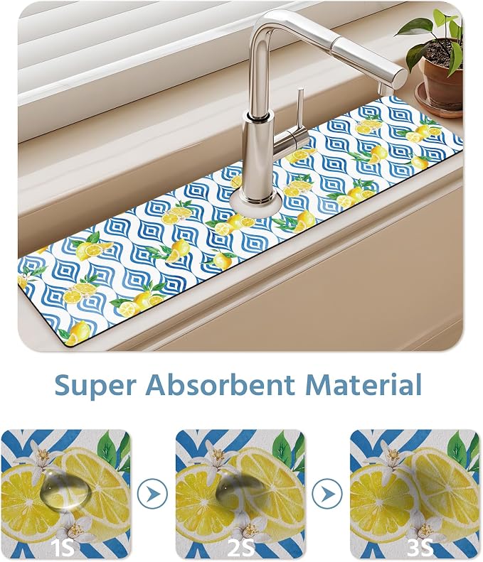 Patterned Sink Faucet Mat Kitchen Splash Guard Super Absorbent Drying Mat, Non-Slip Drain Pad for Kitchen Counter or Bathroom-24x5.5in - Image 5
