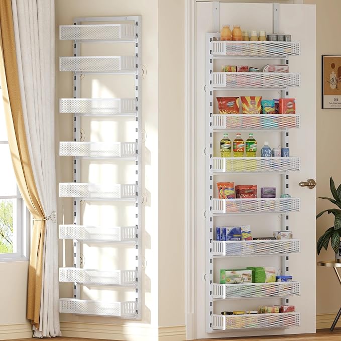 8-Tier Over the Door Pantry Organizer with Adjustable Baskets | Over the Door Spice Rack, Wall-Mounted or Hanging Shelves for Kitchen, Laundry Room, Bathroom(White,15.35"W x 5.2"D x 72.6"H) by SEFILENCE