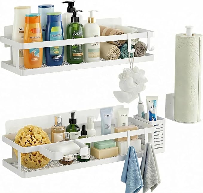 PUSDON 5-in-1 16.5" Extra Long Kitchen Organizer & Shower Caddy Set, Wall Mount Spice Rack with Paper Towel Holder, Utensil Holder & Soap Dish, Rustproof Mesh - White, Guardrail by PUSDON