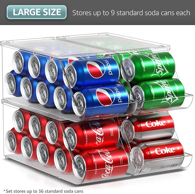 Sorbus Soda Can Organizer for Refrigerator - Stackable Can Holder Dispenser with Lid for Fridge, Pantry, Freezer – Holds 9 Cans Each, BPA-Free, Clear Design, Drink Organizer for Fridge (4-Pack) - Image 3