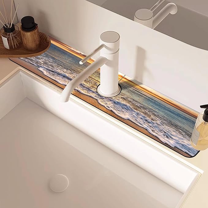 Faucet Mat for Kitchen Sink Seaside Scene Island Sink Splash Guard Behind Faucet Soft Diatom Mud Material Non-slip Easy to Clean for Bathroom & Kitchen 24"X5.5" - Image 5