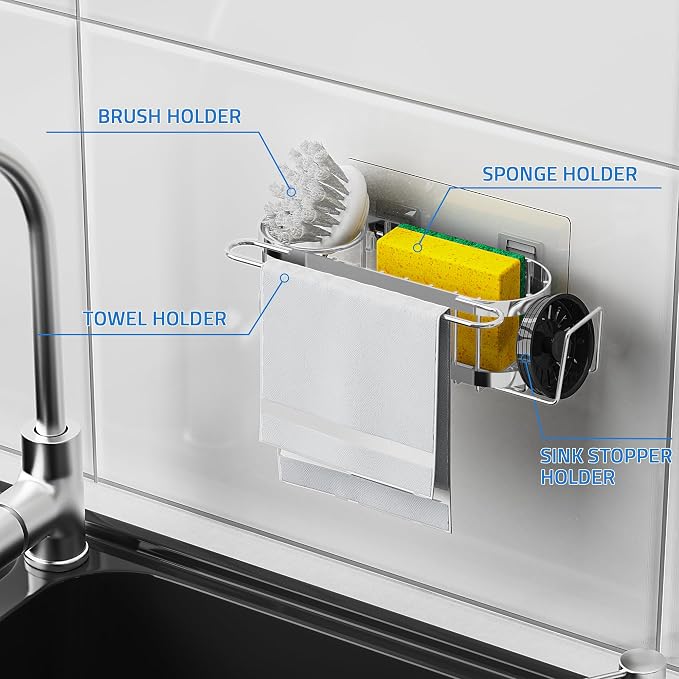 Cisily Kitchen Sink Caddy Sponge Holder in The Sink, Stainless Steel Kitchen Sink Organizer, Brush Holder, Dish Cloth Hanger, Sink Stopper Holder (Suction cup-Silver) - Image 6