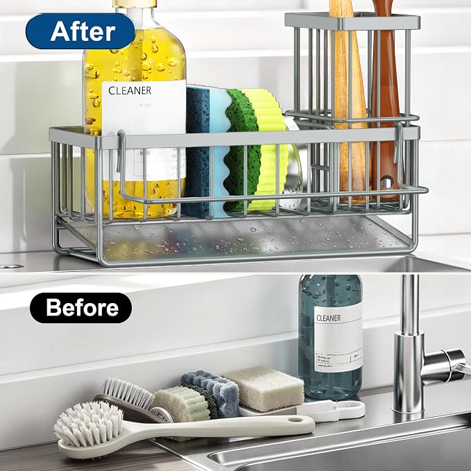 Sponge Holder for Kitchen Sink, Kitchen Sink Caddy, Kitchen Sink Sponge Holder, Dish Sponge Holder, Kitchen Sink Organizer for Sponge, Dish Brush, Scrubber(9.65" x 3.74" x 6.3", Gray) - Image 5