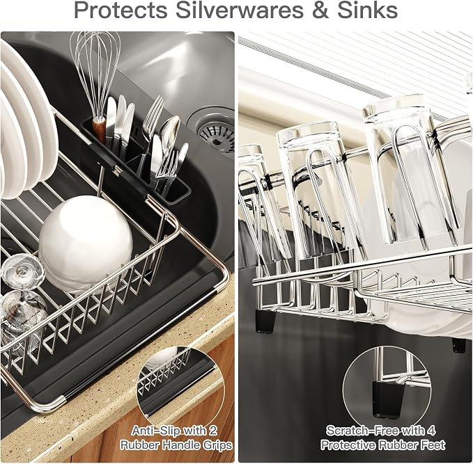 Dish Drying Rack Over The Sink with Utensil Holder, Drainboard | Expandable Stainless Steel Dish Drainer for Small Kitchen, Apartment, RV, Counter Space Saving, Perfect Fit, Rustproof - Image 6