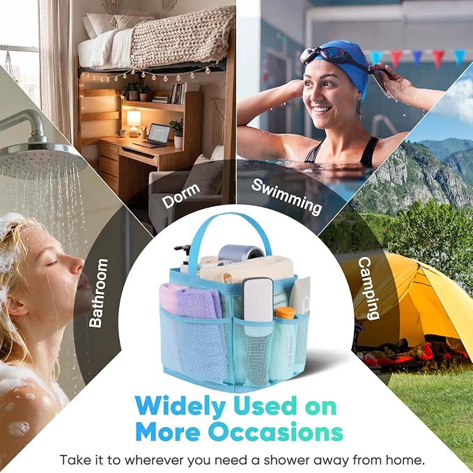 EUDELE 2 Pack Mesh Shower Caddy Portable for College Dorm Room Essentials, Shower Caddy Dorm with 9-Pocket Large Capacity,Shower Bag for Beach,Swimming,Gym All Black+All Ice Blue - Image 7