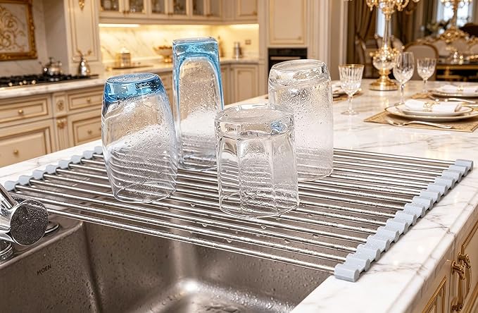 Ahyuan Roll up Dish Drying Rack Over The Sink Kitchen Roll up Sink Drying Rack Portable Dish Drainer Foldable Dish Drying Rack (Warm Gray, 17.8''X11.8'') - Image 5