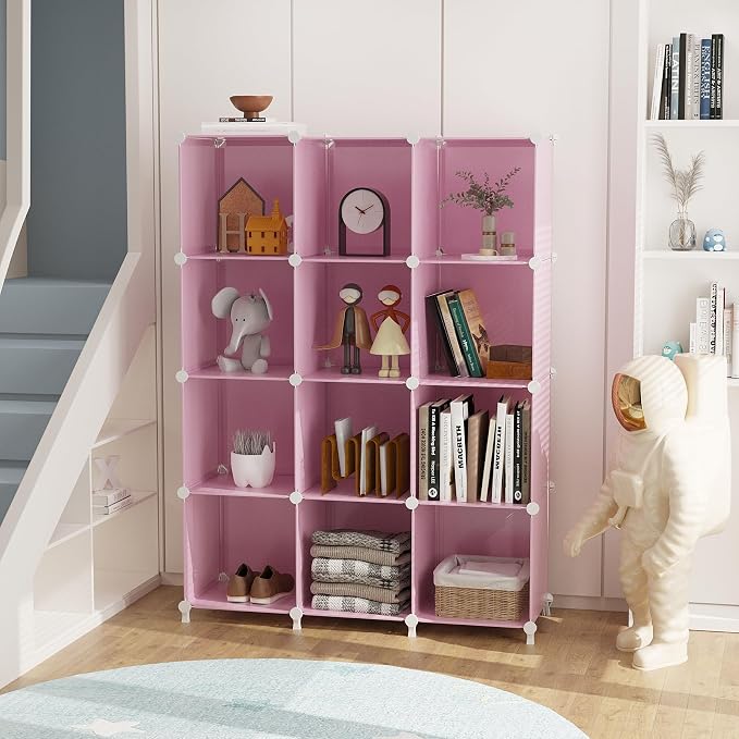 AWTATOS 12 Cube Storage Organizer, Closet Organizers Storage Shelves, Pink | Portable Closet Organizers, DIY Stackable Storage Cubes Shelves Bookshelf, Plastic Clothes Shelving for Home, Bedroom - Image 2