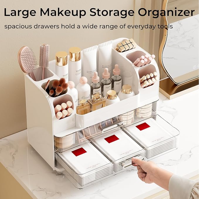 UFORU Makeup Organizer Countertop with 2 Large Drawers for Vanity Bathroom | Brush Holder, Large Capacity, Thickened Plastic, Compact Footprint, Space-Saving Design, Easy Clean, Ideal for Dorm Rooms - Image 3